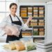 A smiling chef holds a raw turkey and points to a fully stocked upright freezer filled with organized containers of make-ahead Thanksgiving dishes, with more freezer bags and foil pans on the counter.