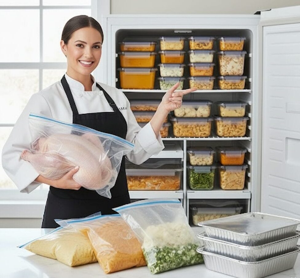 A smiling chef holds a raw turkey and points to a fully stocked upright freezer filled with organized containers of make-ahead Thanksgiving dishes, with more freezer bags and foil pans on the counter.