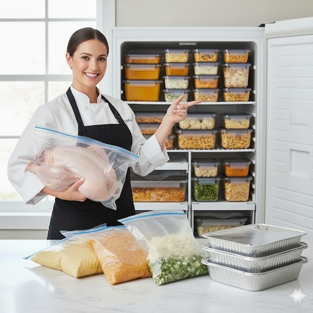 A smiling chef holds a raw turkey and points to a fully stocked upright freezer filled with organized containers of make-ahead Thanksgiving dishes, with more freezer bags and foil pans on the counter.