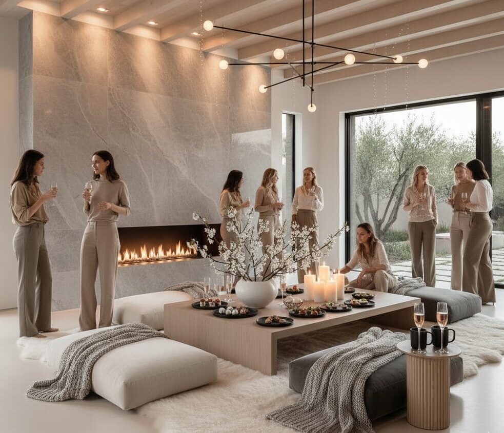 A luxe minimalist party setting with candlelight, a curated neutral palette, and one deliberate hero decoration on the table.