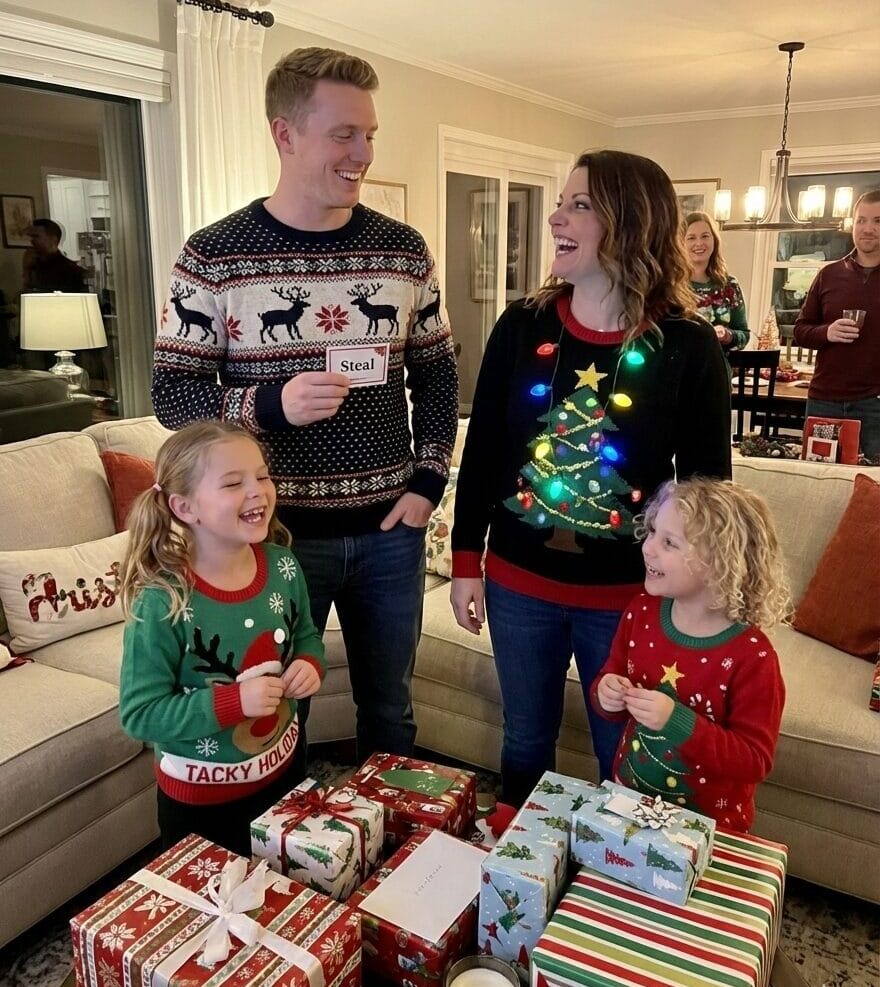 A family of four, wearing festive Christmas sweaters, laughs together around a coffee table piled with wrapped gifts. The father holds a card that says "Steal," and the mother's sweater features a light-up Christmas tree.