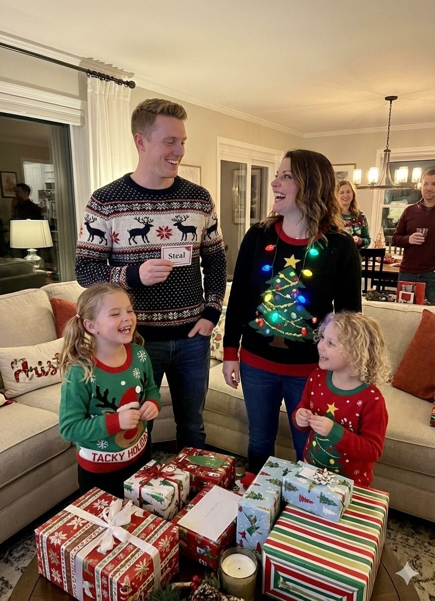 A family of four, wearing festive Christmas sweaters, laughs together around a coffee table piled with wrapped gifts. The father holds a card that says "Steal," and the mother's sweater features a light-up Christmas tree.