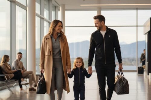 Ginger, Brad, and Charlotte Graham of Culinary Passages walking through a luxury airport terminal wearing stylish athleisure travel outfits and rolling luggage.