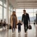 Ginger, Brad, and Charlotte Graham of Culinary Passages walking through a luxury airport terminal wearing stylish athleisure travel outfits and rolling luggage.