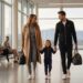 Ginger, Brad, and Charlotte Graham of Culinary Passages walking through a luxury airport terminal wearing stylish athleisure travel outfits and rolling luggage.