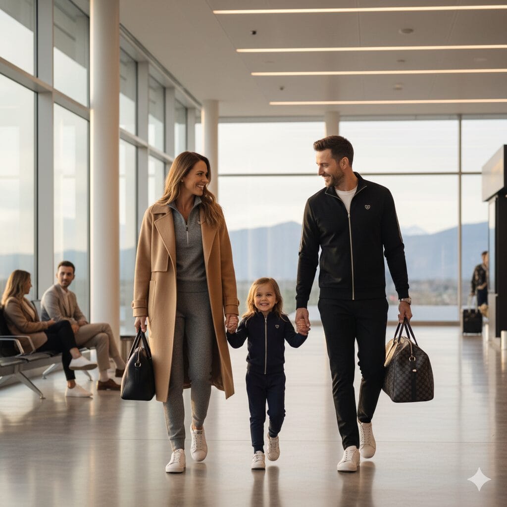 Ginger, Brad, and Charlotte Graham of Culinary Passages walking through a luxury airport terminal wearing stylish athleisure travel outfits and rolling luggage.