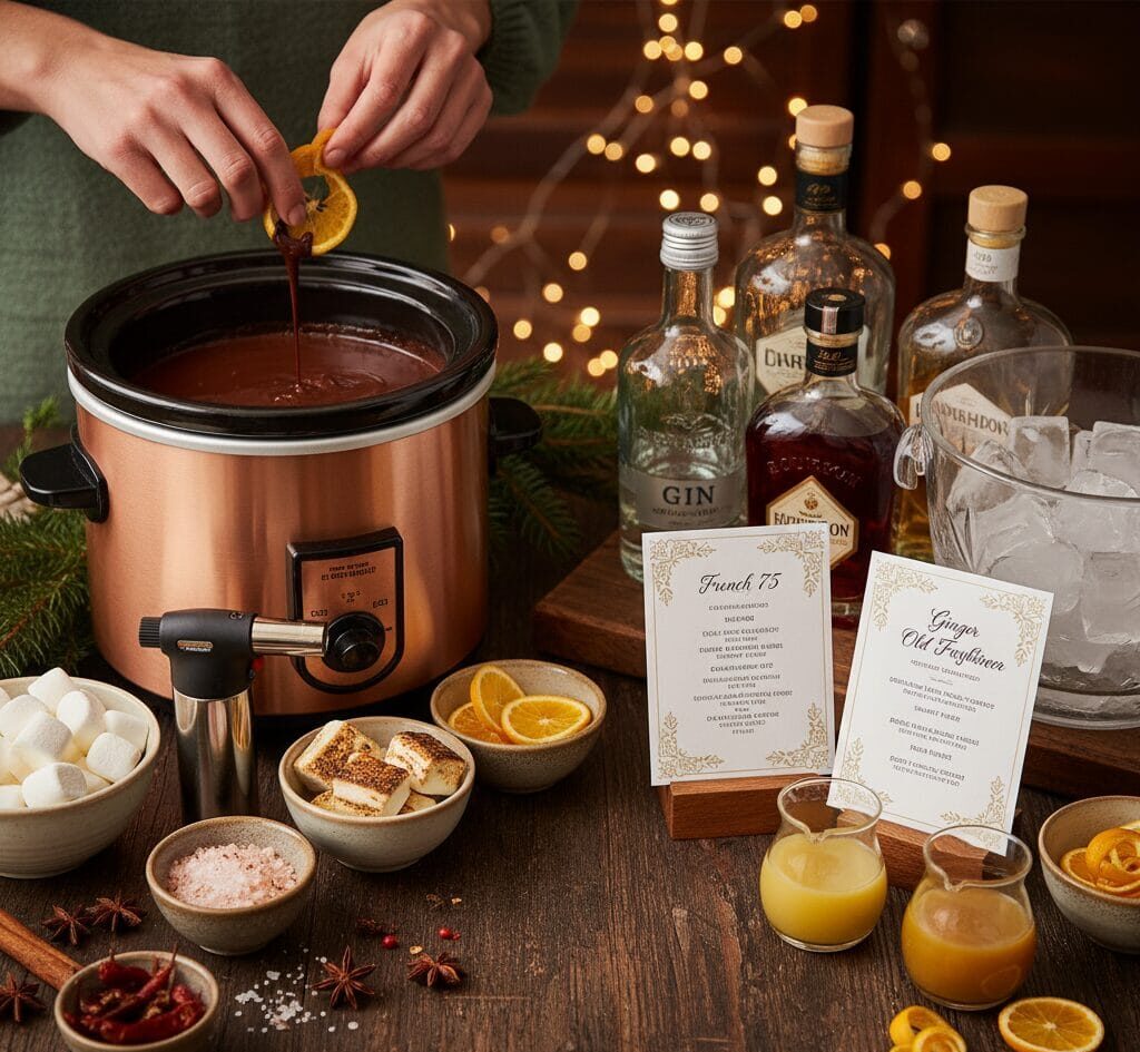 A festive and elegant holiday party bar featuring a "swicy" hot chocolate station with a dark chocolate dispenser, and a "build-your-own" cocktail station with spirits, shakers, and glassware.