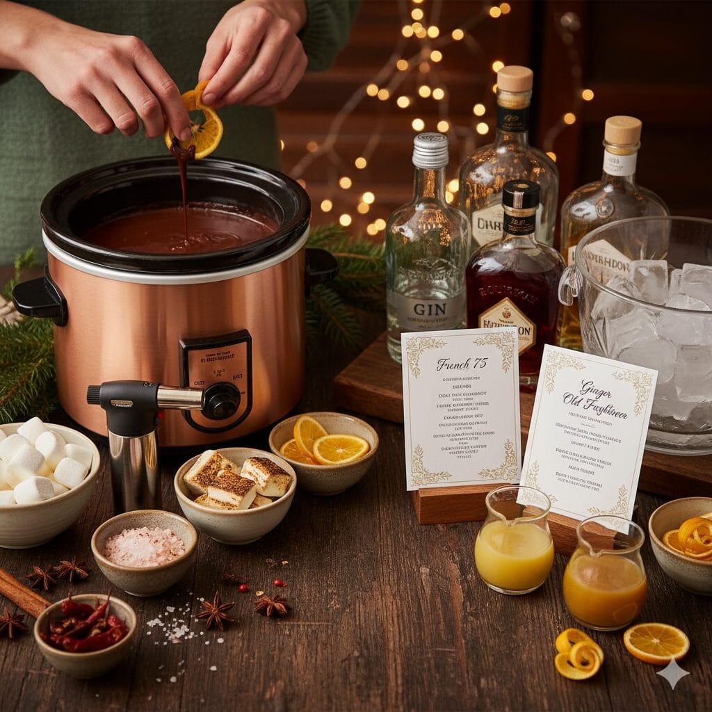 A festive and elegant holiday party bar featuring a "swicy" hot chocolate station with a dark chocolate dispenser, and a "build-your-own" cocktail station with spirits, shakers, and glassware.