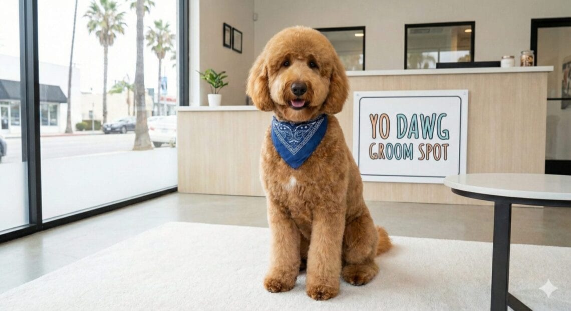 A freshly groomed Goldendoodle wearing a blue bandana sitting on a white rug inside the lobby of Yo Dawg Groom Spot in Santa Monica, with a bright storefront window and palm trees in the background.