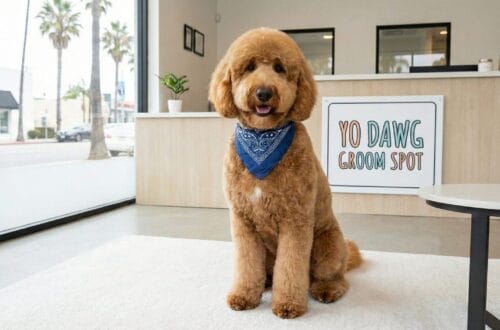 A freshly groomed Goldendoodle wearing a blue bandana sitting on a white rug inside the lobby of Yo Dawg Groom Spot in Santa Monica, with a bright storefront window and palm trees in the background.