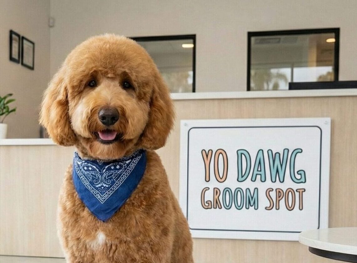 A freshly groomed Goldendoodle wearing a blue bandana sitting on a white rug inside the lobby of Yo Dawg Groom Spot in Santa Monica, with a bright storefront window and palm trees in the background.