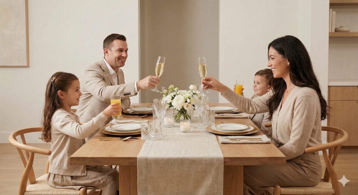 A family of four with two parents and two young children sit at a light wood dining table in a modern, neutral-toned dining room. They are all raising glasses, including champagne flutes and juice glasses, for a toast. A white floral arrangement and candles are on the table.
