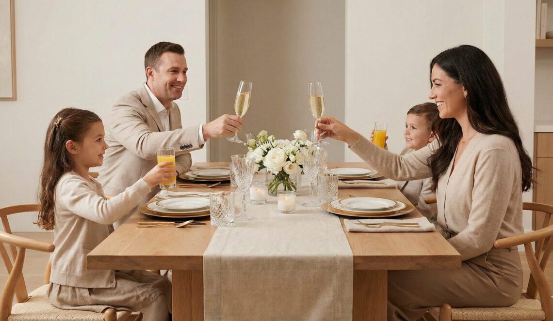 A family of four with two parents and two young children sit at a light wood dining table in a modern, neutral-toned dining room. They are all raising glasses, including champagne flutes and juice glasses, for a toast. A white floral arrangement and candles are on the table.