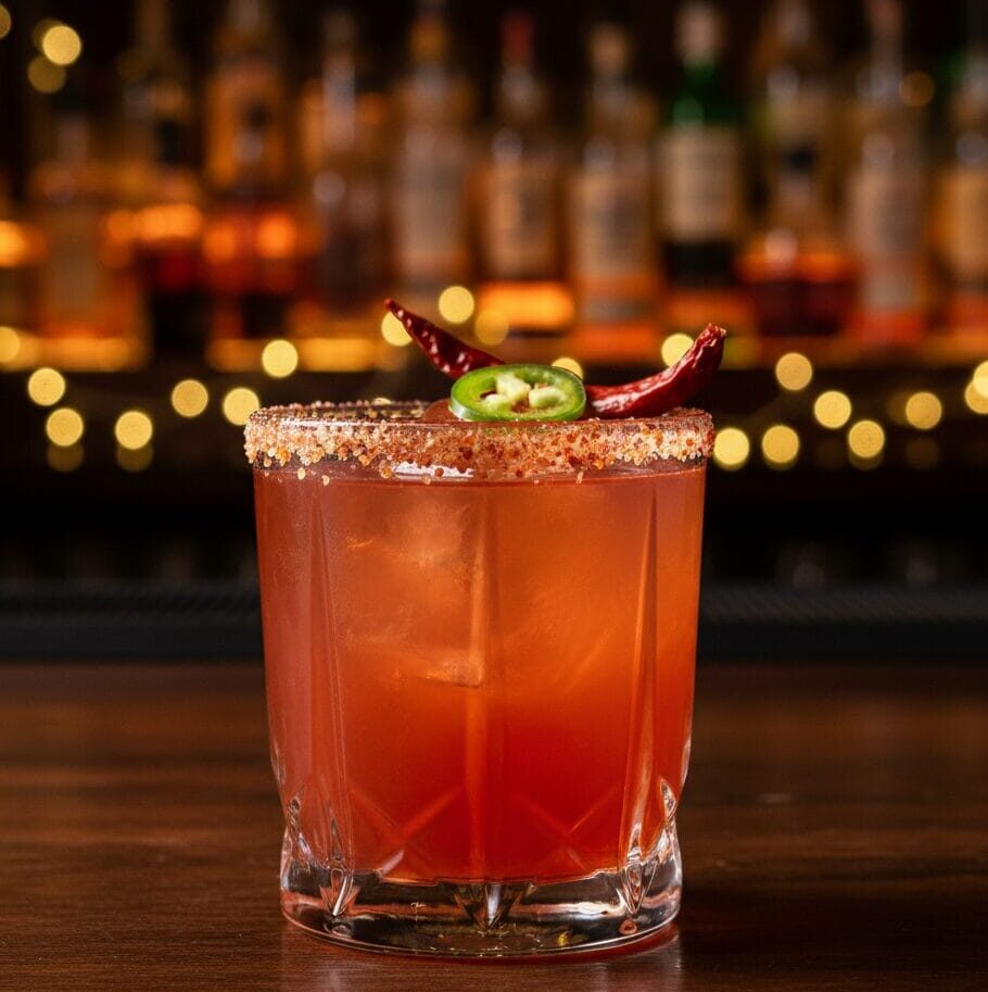 A vibrant red swicy cocktail with a chili-spiced rim and jalapeno garnish on a wooden bar top in Los Angeles.