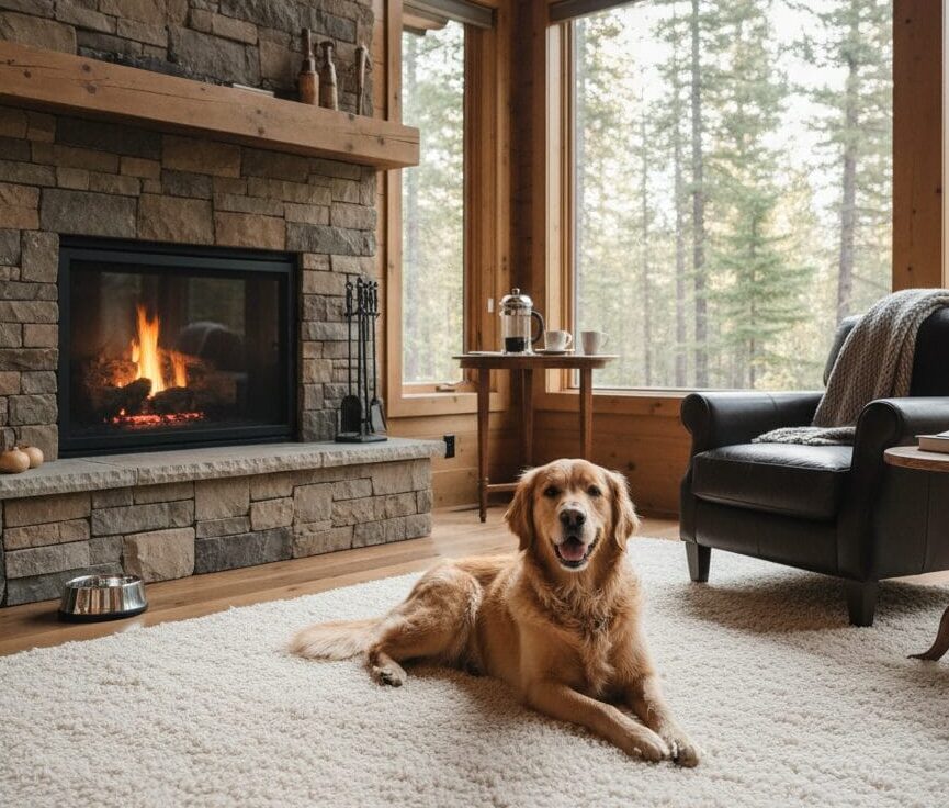 A happy golden retriever relaxes on a fluffy white rug in front of a lit stone fireplace in a cozy, pet-friendly cabin with large windows looking out at a pine forest.