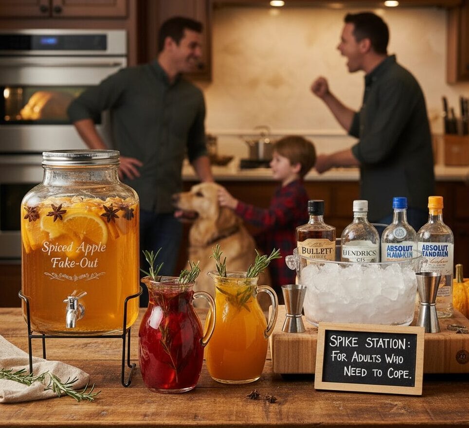 A "Spike Station" for Thanksgiving cocktails on a table, including a large dispenser of apple cider, two pitchers, and bottles of bourbon, gin, and vodka. In the blurry background, a chaotic family scene unfolds in a kitchen.