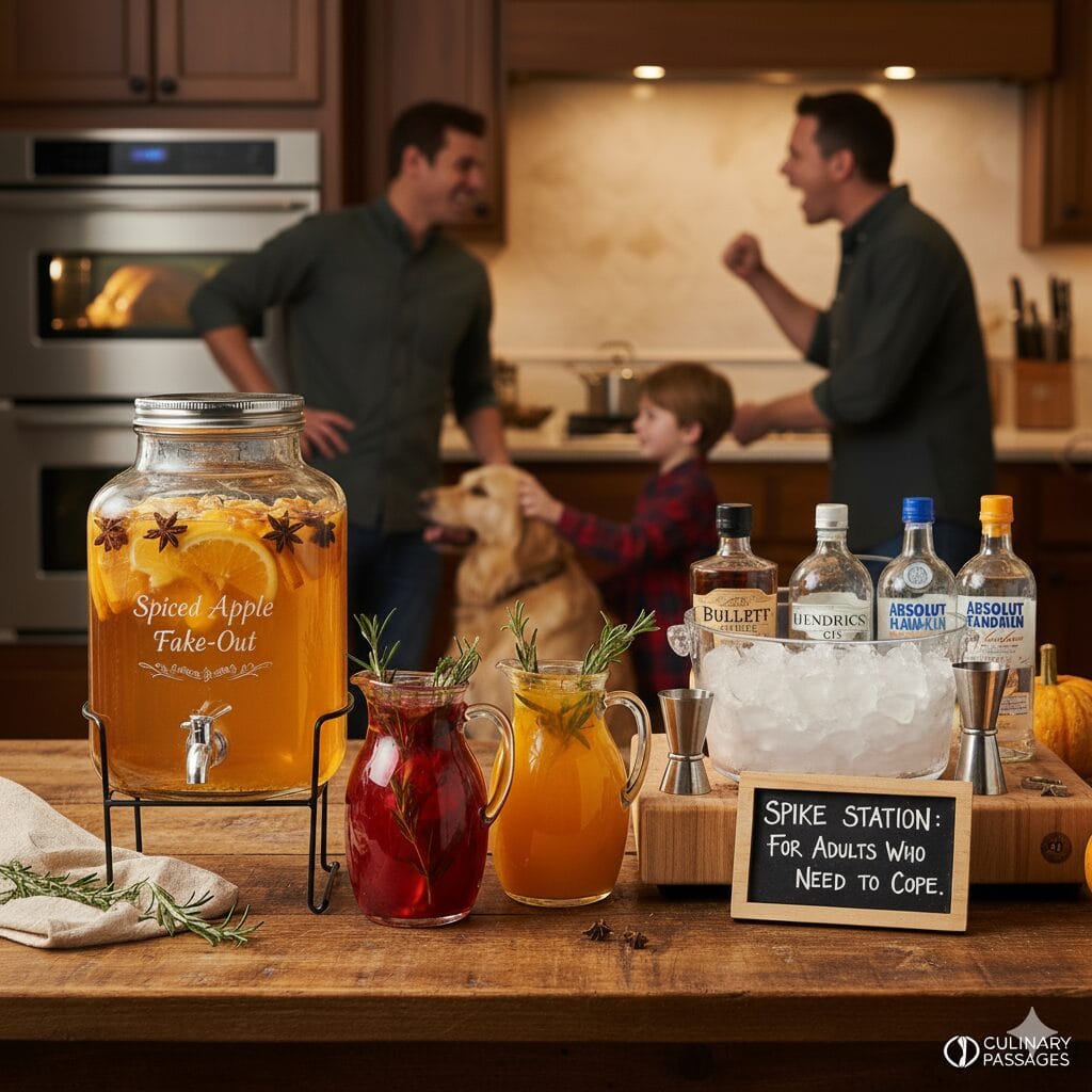 A "Spike Station" for Thanksgiving cocktails on a table, including a large dispenser of apple cider, two pitchers, and bottles of bourbon, gin, and vodka. In the blurry background, a chaotic family scene unfolds in a kitchen.