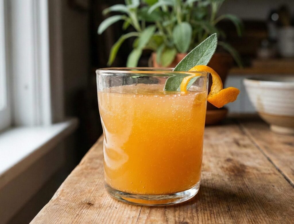 A glass of orange-colored Mandarin-Sage Sparkler garnished with a fresh sage leaf and an orange twist on a rustic wooden table.