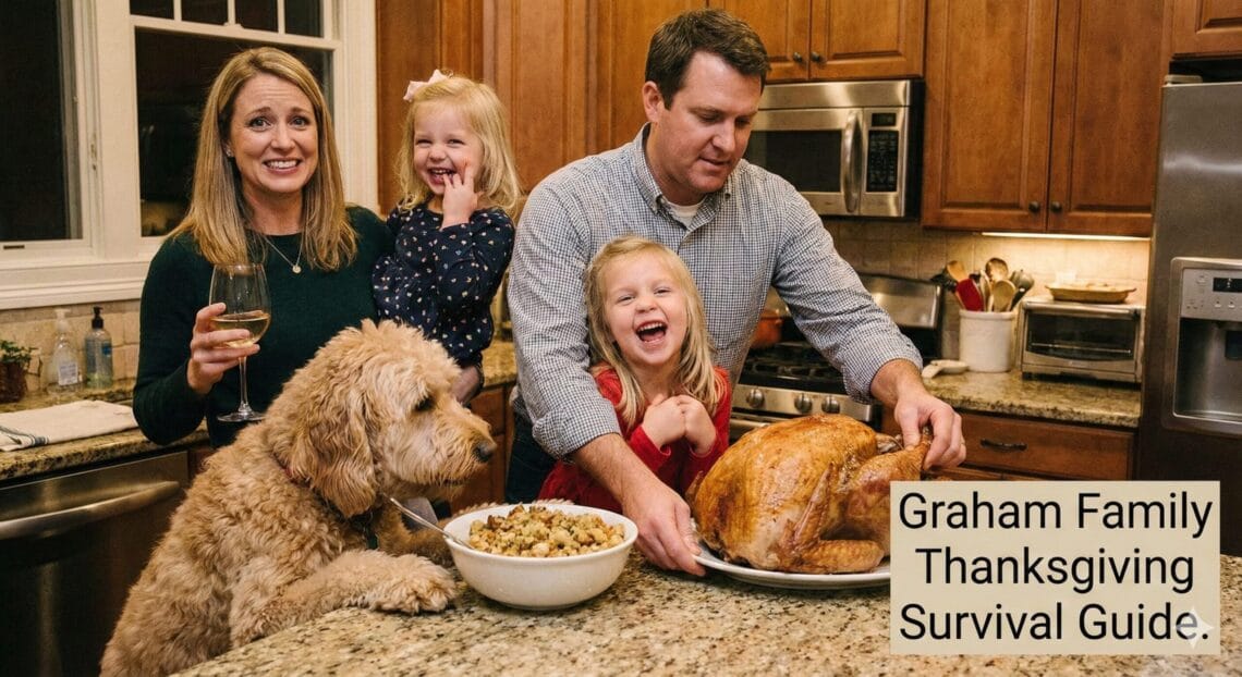 A candid Thanksgiving photo in a kitchen showing the Graham family – Ginger with a glass of wine, Brad holding a cooked turkey, daughters Madeline and Charlotte laughing, and their goldendoodle Barnaby eyeing a bowl of stuffing. A text overlay in the bottom right reads "Graham Family Thanksgiving Survival Guide."