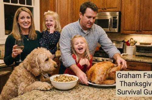A candid Thanksgiving photo in a kitchen showing the Graham family – Ginger with a glass of wine, Brad holding a cooked turkey, daughters Madeline and Charlotte laughing, and their goldendoodle Barnaby eyeing a bowl of stuffing. A text overlay in the bottom right reads "Graham Family Thanksgiving Survival Guide."