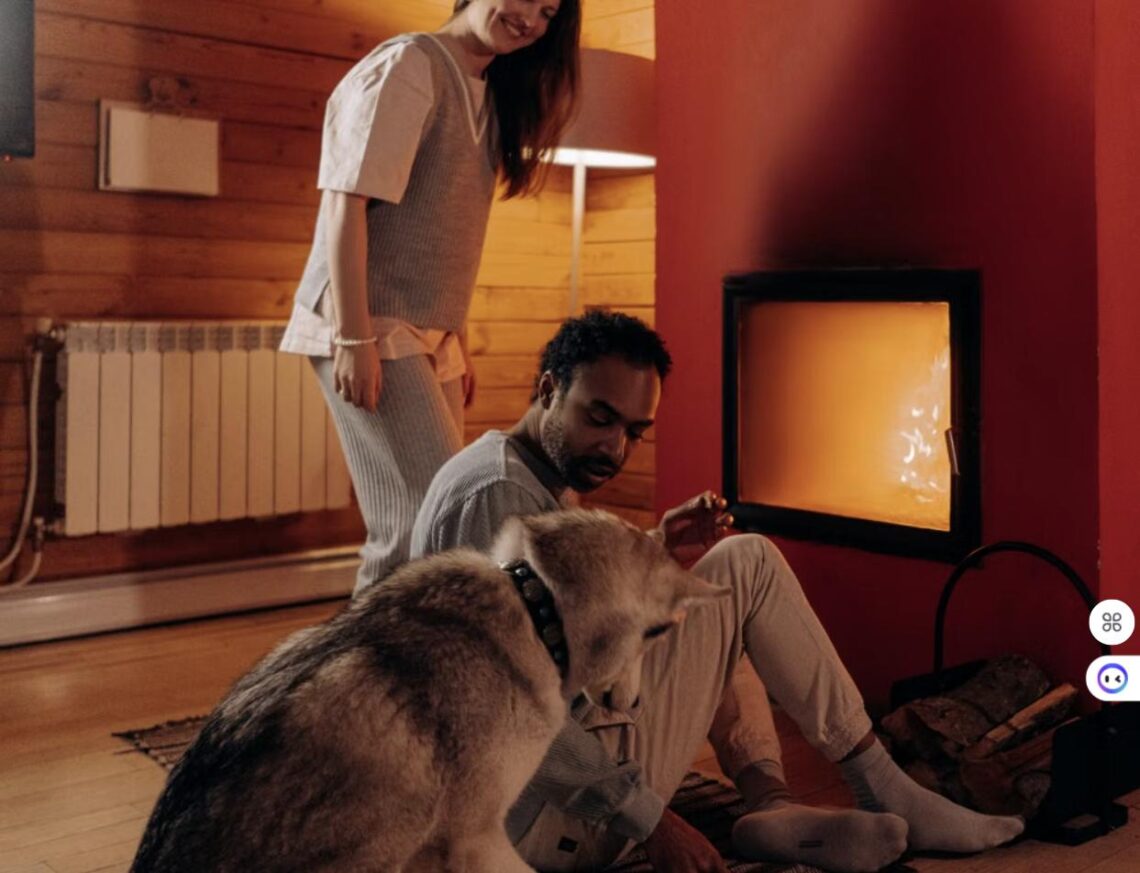 A dog relaxing on a rug beside a lit wood stove in a cozy, wood-paneled cabin living room.