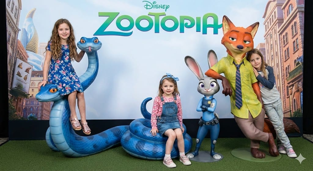 Three happy young girls posing with large Disney Zootopia statues in a movie theater lobby. On the left, Madeline sits on top of a large blue snake statue wearing a blue floral dress. In the center, Charlotte sits on the snake's lower coil wearing a pink shirt, denim overalls, and a blue bow headband. On the right, a friend leans against the Nick Wilde fox statue next to the Judy Hopps rabbit statue.