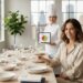 Ginger Graham, dressed in linen, smiling while holding a glass of white wine and a laptop displaying a "Dinner Party: Cost vs Social Credit" spreadsheet. A professional private chef in a white toque is plating food in the background of the sleek, minimalist kitchen.