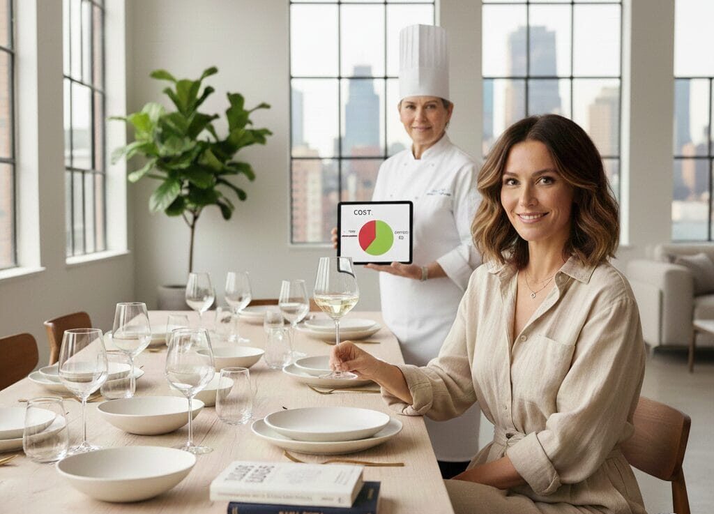 Ginger Graham, dressed in linen, smiling while holding a glass of white wine and a laptop displaying a "Dinner Party: Cost vs Social Credit" spreadsheet. A professional private chef in a white toque is plating food in the background of the sleek, minimalist kitchen.