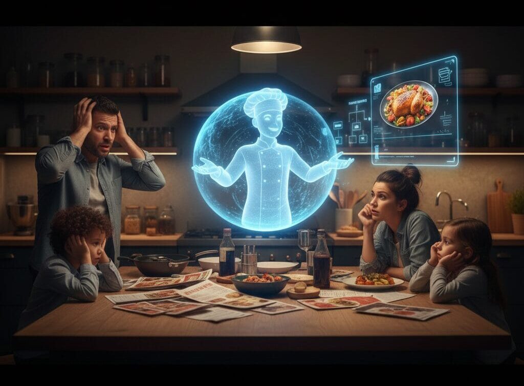 Alt Text A stressed woman (Ginger Graham) wearing a stained apron grips her head in a messy kitchen, surrounded by takeout menus. Behind her, a menacing, chrome AI chef robot wearing a toque, with glowing red eyes and holding a spatula, stands guard. A man in the background dejectedly holds a slice of pizza. This scene visually represents the agony of dinner decision fatigue being solved (or perhaps dictated) by technology.