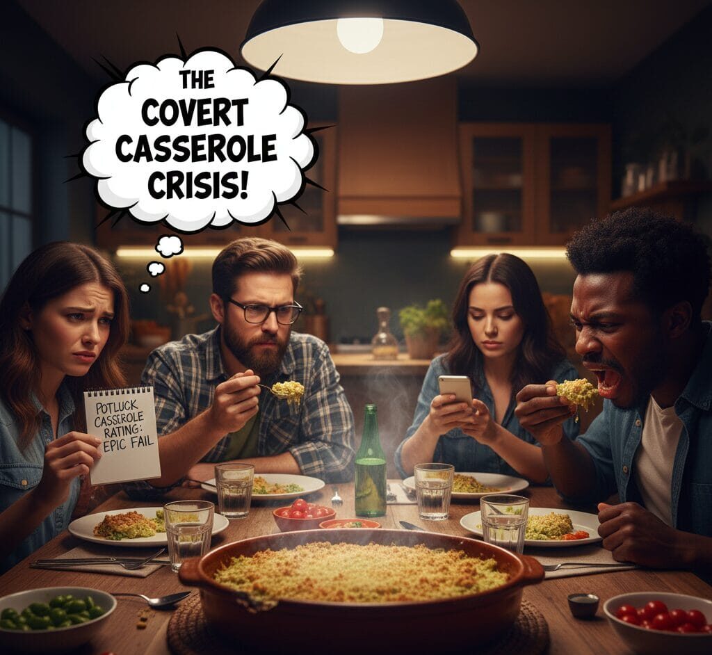 Four diverse dinner guests sitting around a table with a bubbling, steaming casserole dish. The host on the left holds a hidden scorecard marked "EPIC FAIL." A thought bubble above the dish reads: "THE COVERT CASSEROLE CRISIS!"