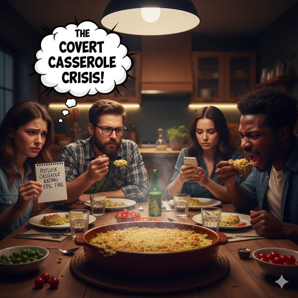 Four diverse dinner guests sitting around a table with a bubbling, steaming casserole dish. The host on the left holds a hidden scorecard marked "EPIC FAIL." A thought bubble above the dish reads: "THE COVERT CASSEROLE CRISIS!"
