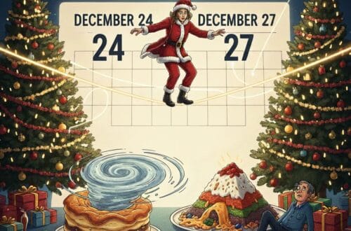 A humorous, vintage-style illustration titled "The Christmas Conclave." A person in a Santa suit balances on a high-wire between two Christmas trees. Below them, a soufflé is caught in a hurricane, and a man labeled "Uncle Terry" sits dazed next to a massive, messy seven-layer dip. A calendar in the background highlights the high-stress period between December 24 and 27.