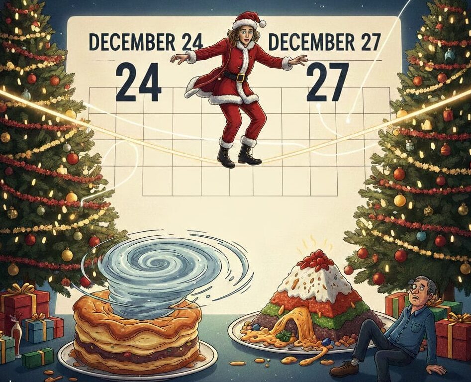 A humorous, vintage-style illustration titled "The Christmas Conclave." A person in a Santa suit balances on a high-wire between two Christmas trees. Below them, a soufflé is caught in a hurricane, and a man labeled "Uncle Terry" sits dazed next to a massive, messy seven-layer dip. A calendar in the background highlights the high-stress period between December 24 and 27.
