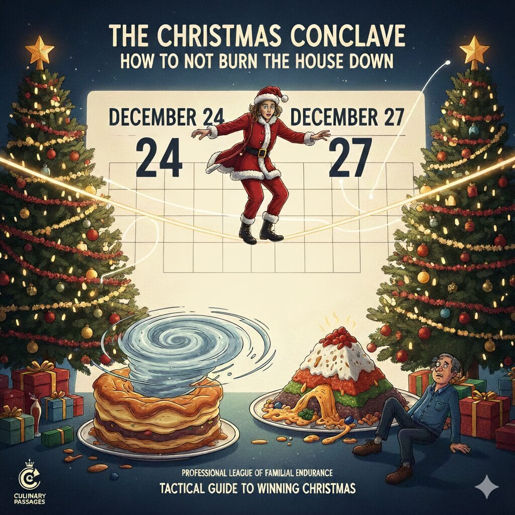 A humorous, vintage-style illustration titled "The Christmas Conclave." A person in a Santa suit balances on a high-wire between two Christmas trees. Below them, a soufflé is caught in a hurricane, and a man labeled "Uncle Terry" sits dazed next to a massive, messy seven-layer dip. A calendar in the background highlights the high-stress period between December 24 and 27.
