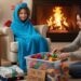 A cozy child dressed in a blue dragon hooded wearable blanket, sitting by a fireplace. The parent is organizing brightly colored plastic toys into a bin labeled "The Toy Graveyard." A stack of coordinating fleece pajamas and a folded dinosaur pillow-blanket are visible on the rug, emphasizing cozy, clutter-free gifts.