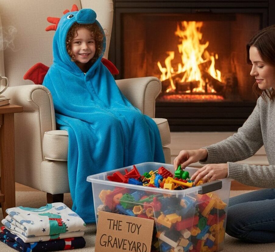 A cozy child dressed in a blue dragon hooded wearable blanket, sitting by a fireplace. The parent is organizing brightly colored plastic toys into a bin labeled "The Toy Graveyard." A stack of coordinating fleece pajamas and a folded dinosaur pillow-blanket are visible on the rug, emphasizing cozy, clutter-free gifts.