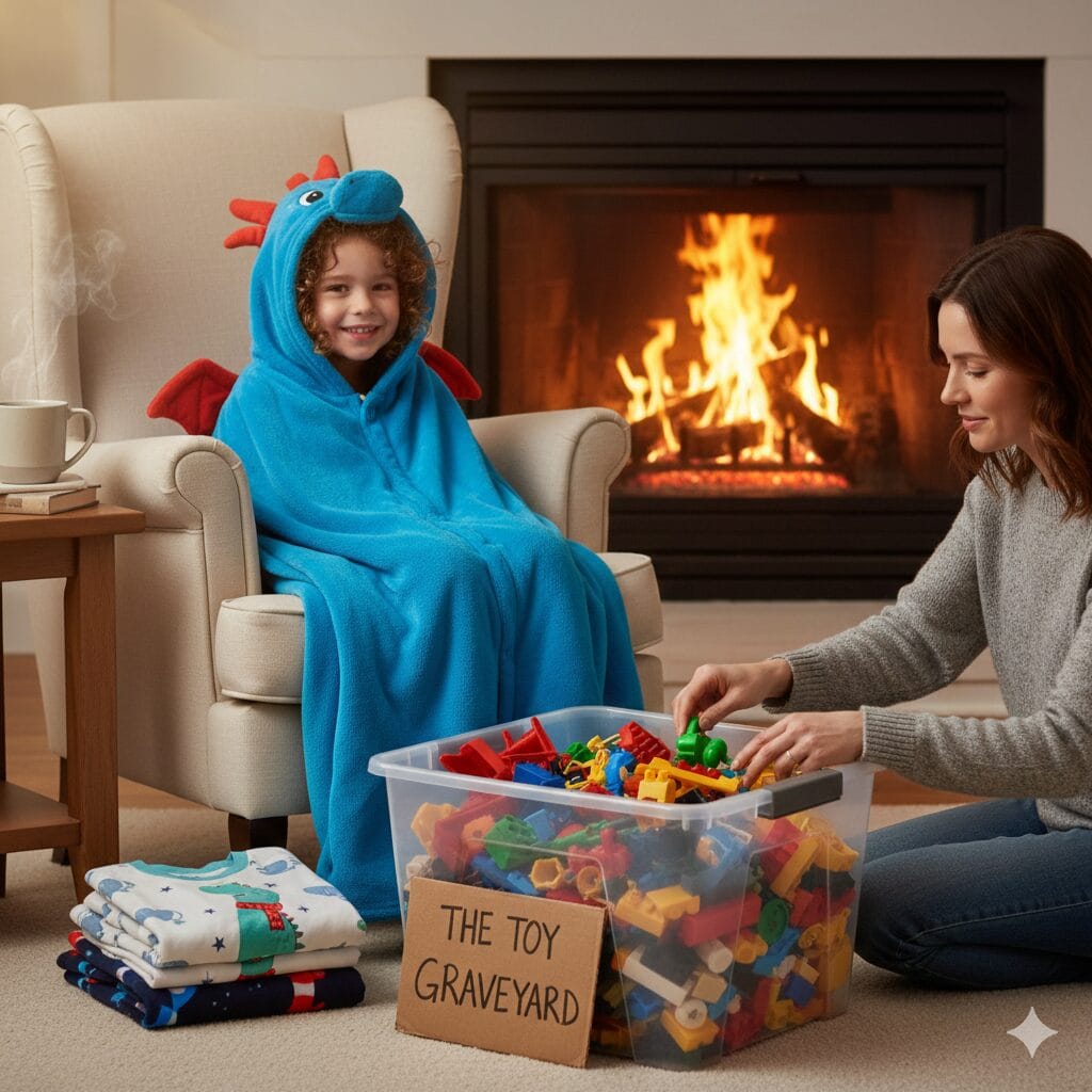 A cozy child dressed in a blue dragon hooded wearable blanket, sitting by a fireplace. The parent is organizing brightly colored plastic toys into a bin labeled "The Toy Graveyard." A stack of coordinating fleece pajamas and a folded dinosaur pillow-blanket are visible on the rug, emphasizing cozy, clutter-free gifts.