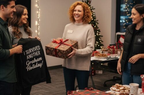 A warm, close-up shot of a curated gift box on a wooden desk. The box contains coffee beans and grounds. Items surrounding the box include a succulent in a small terra-cotta pot, a white coffee mug, a stack of cookies tied with twine, a brown leather notebook, a small silver candle, and a flute of sparkling wine. A card in the foreground reads, "Happy Work Anniversary."