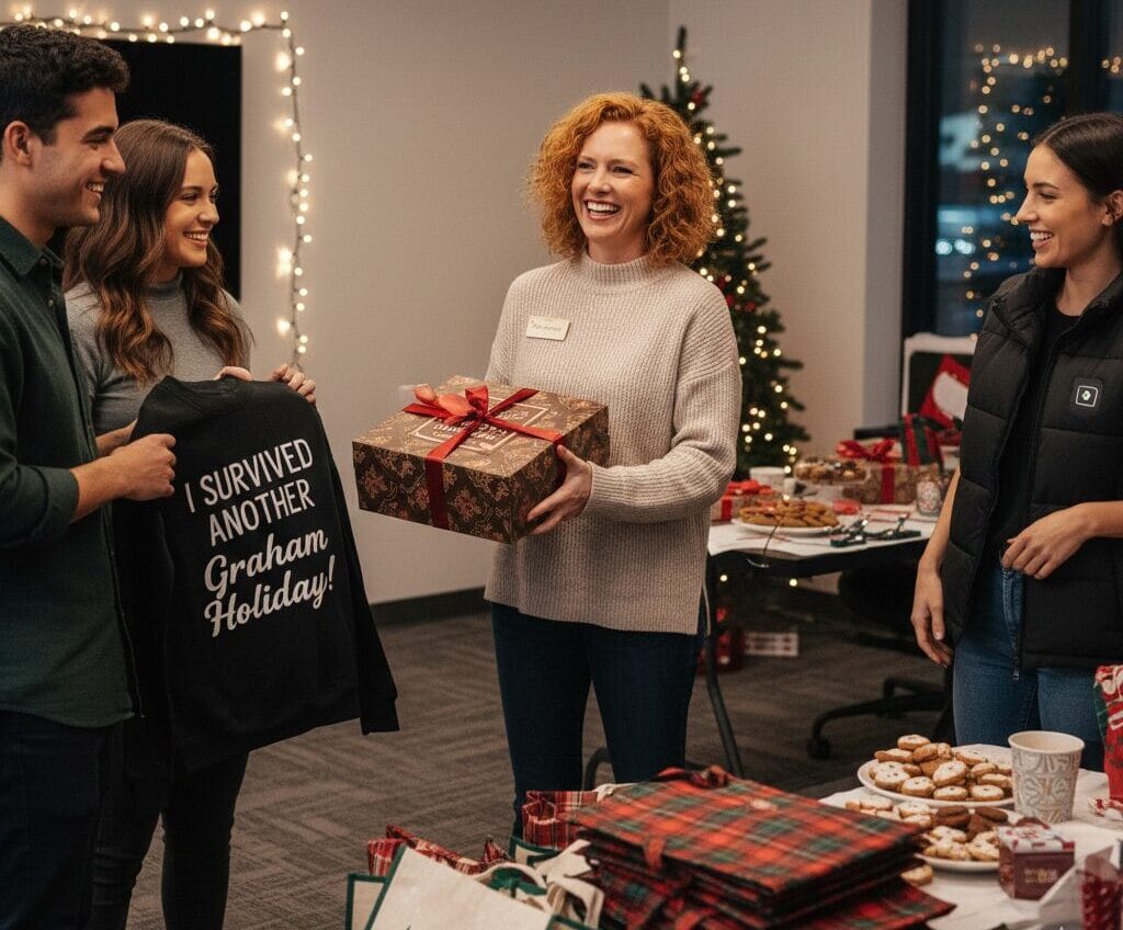 A warm, close-up shot of a curated gift box on a wooden desk. The box contains coffee beans and grounds. Items surrounding the box include a succulent in a small terra-cotta pot, a white coffee mug, a stack of cookies tied with twine, a brown leather notebook, a small silver candle, and a flute of sparkling wine. A card in the foreground reads, "Happy Work Anniversary."