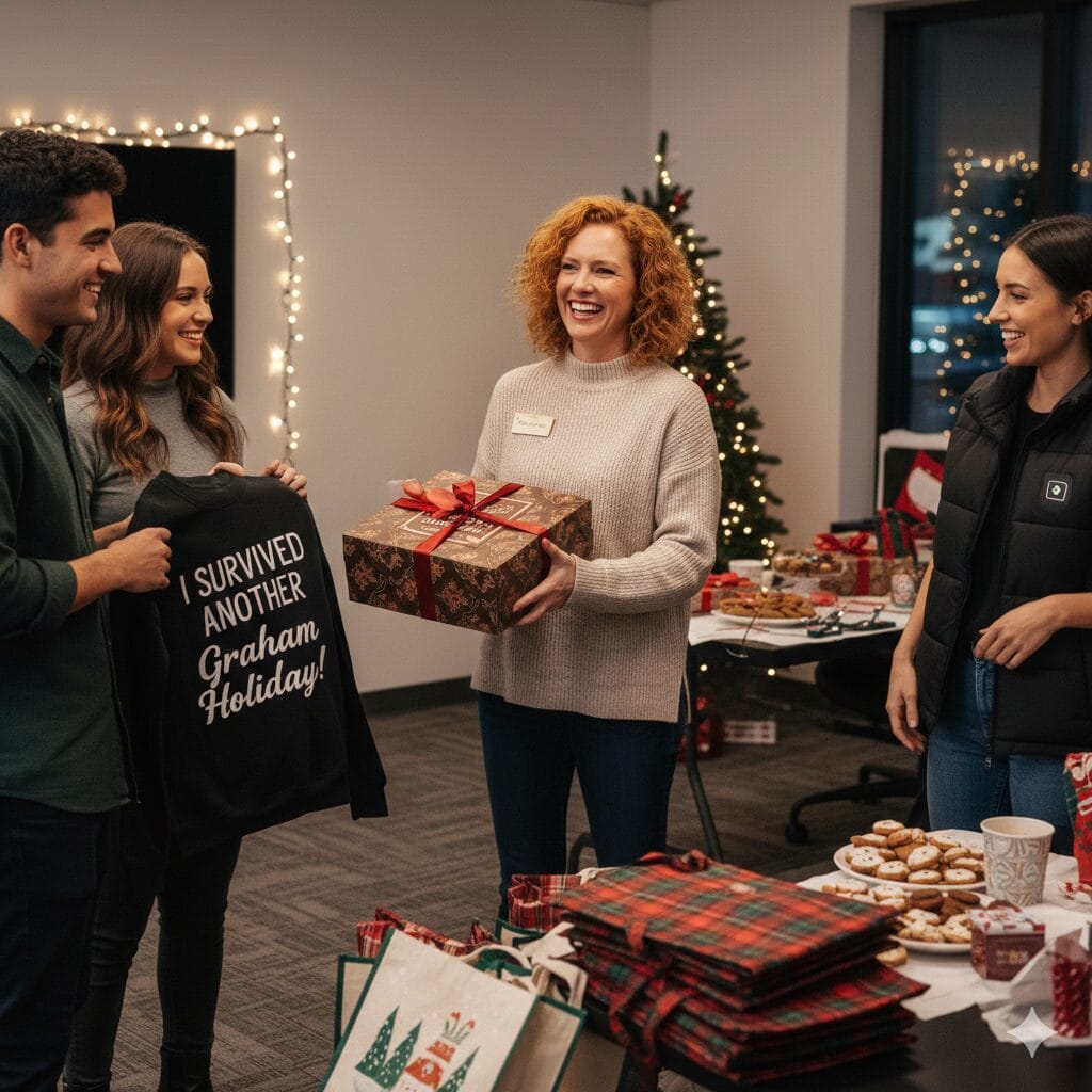 A warm, close-up shot of a curated gift box on a wooden desk. The box contains coffee beans and grounds. Items surrounding the box include a succulent in a small terra-cotta pot, a white coffee mug, a stack of cookies tied with twine, a brown leather notebook, a small silver candle, and a flute of sparkling wine. A card in the foreground reads, "Happy Work Anniversary."