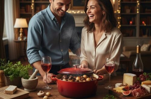 Happy couple smiling while cooking Coq Au Vin in a red Dutch oven on a table alongside wine glasses, a bottle of red wine, and a gourmet charcuterie board.