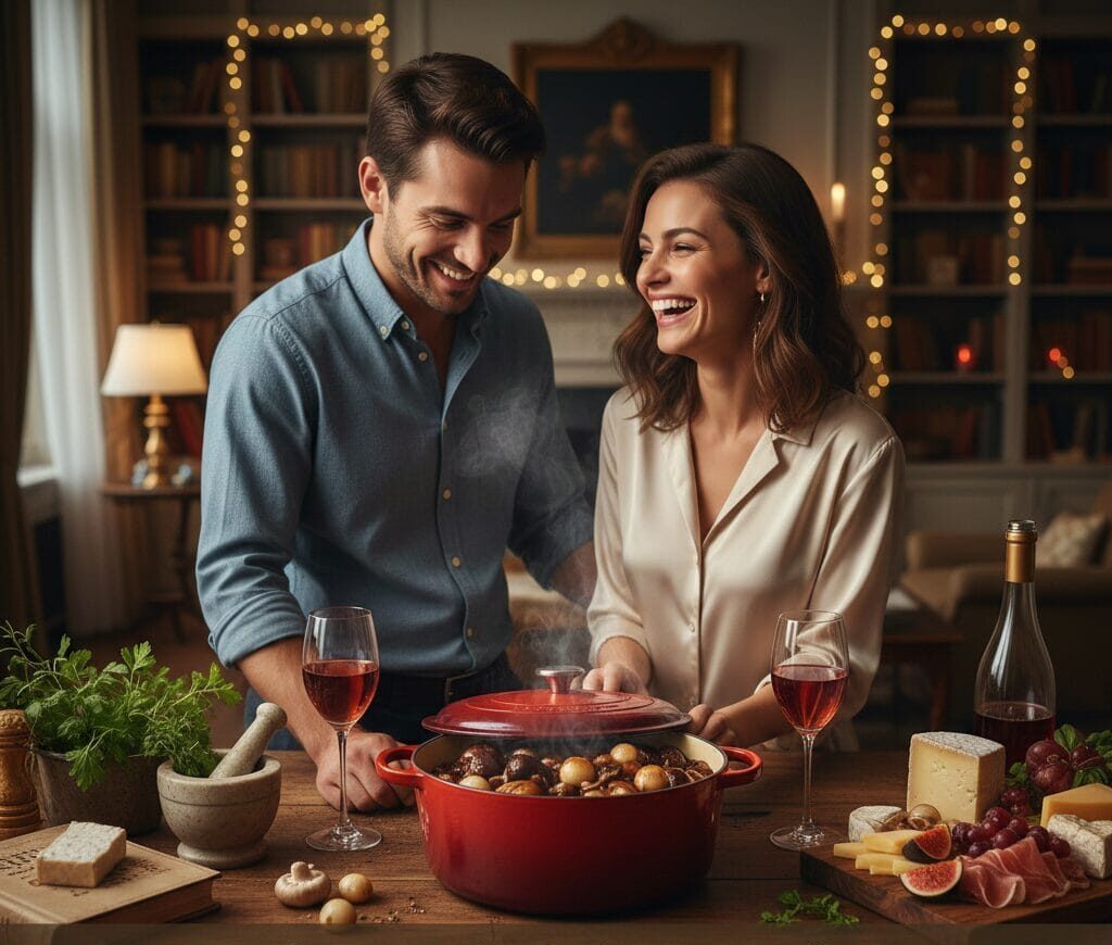 Happy couple smiling while cooking Coq Au Vin in a red Dutch oven on a table alongside wine glasses, a bottle of red wine, and a gourmet charcuterie board.