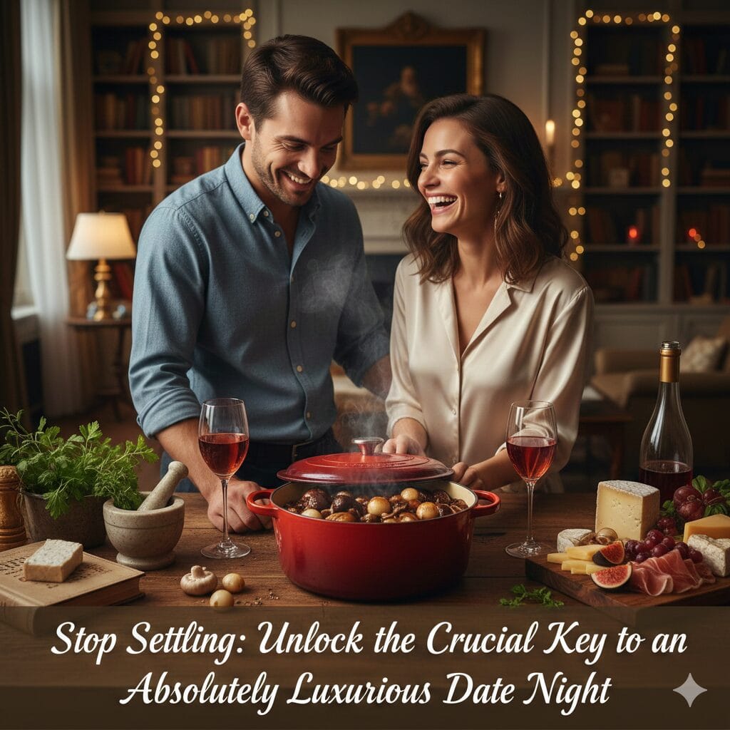 Happy couple smiling while cooking Coq Au Vin in a red Dutch oven on a table alongside wine glasses, a bottle of red wine, and a gourmet charcuterie board.