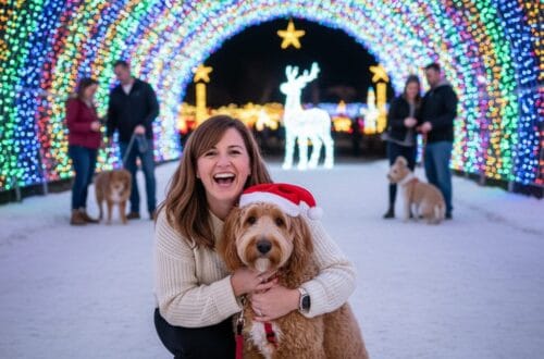 Ginger Graham smiling brightly while kneeling next to her Goldendoodle, Barnaby, who is wearing a red Santa hat and looking directly at the camera. They are posing inside a massive, arched tunnel of colorful Christmas lights, with a white, illuminated reindeer statue in the background. Other people with dogs are visible enjoying the festive light display further down the path.