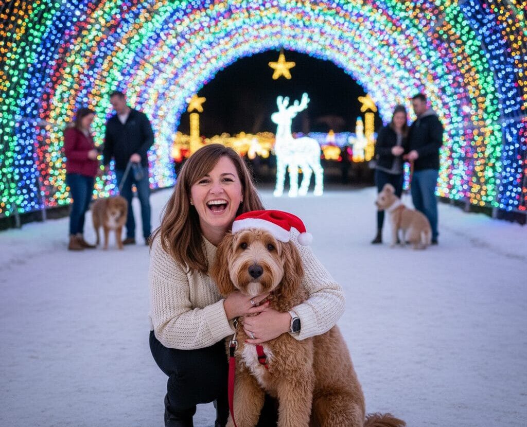Ginger Graham smiling brightly while kneeling next to her Goldendoodle, Barnaby, who is wearing a red Santa hat and looking directly at the camera. They are posing inside a massive, arched tunnel of colorful Christmas lights, with a white, illuminated reindeer statue in the background. Other people with dogs are visible enjoying the festive light display further down the path.