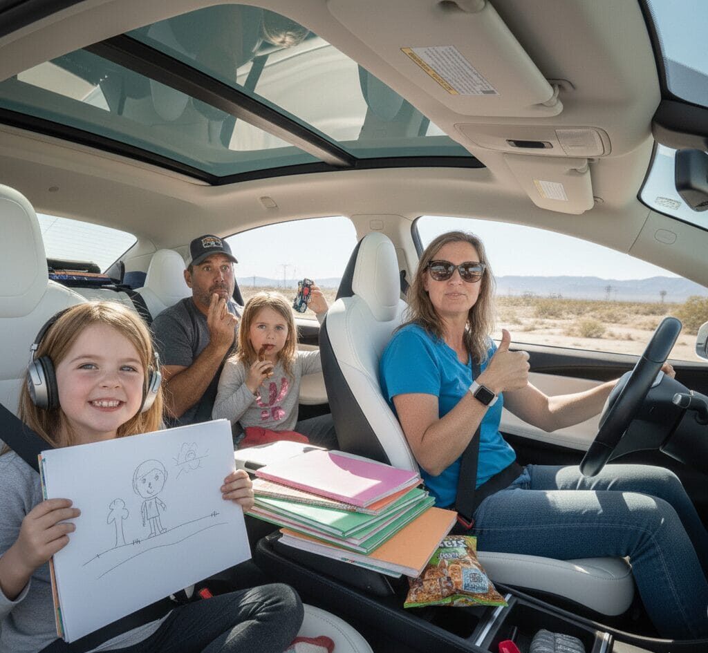 A funny photo of the Graham family (Brad, Ginger, Charlotte, and Madeline) on their LA to Vegas road trip in a Tesla. Ginger is driving with a confident thumbs-up and sunglasses, while Brad in the back seat looks bewildered and is eating a snack. The two daughters, Charlotte and Madeline, are happy Madeline is proudly holding up a drawing, and Charlotte is eating a snack. The car is packed with books, snacks, and gear.