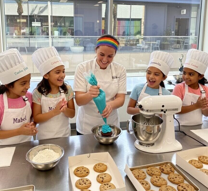 Chef and five giggling 8-year-old girls in chef hats and personalized aprons baking cookies and cupcakes in a professional kitchen at The Gourmandise School in Santa Monica.