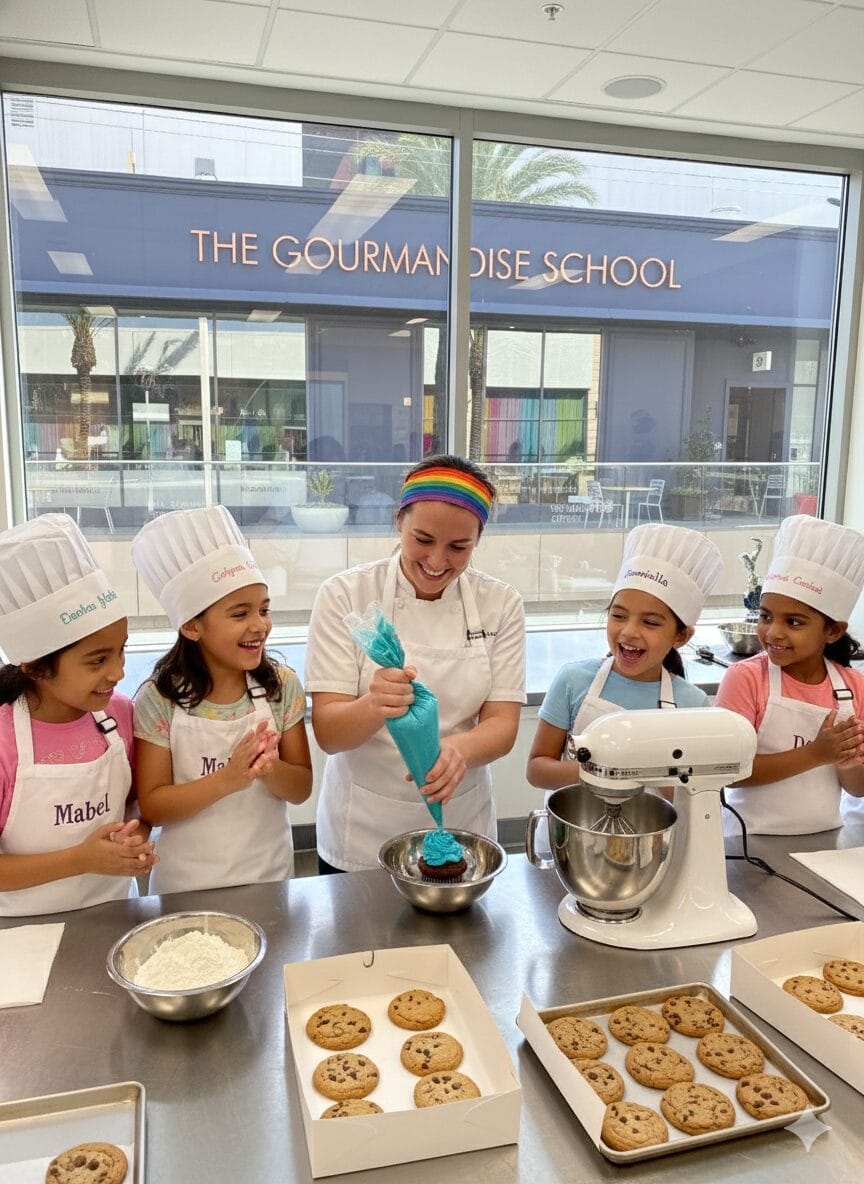 Chef and five giggling 8-year-old girls in chef hats and personalized aprons baking cookies and cupcakes in a professional kitchen at The Gourmandise School in Santa Monica.