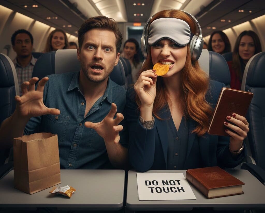 A humorous photo of a man and a woman in an airplane. The woman wears a sleep mask and headphones, fiercely holding a bag of gummy bears and a brown notebook with text. The man, looking panicked and desperate, is reaching toward the snacks. Their tray table holds nuts and small packages, and there is a piece of paper that reads "DO NOT TOUCH." The image captures a highly exaggerated 'snack war' scenario between travel partners.