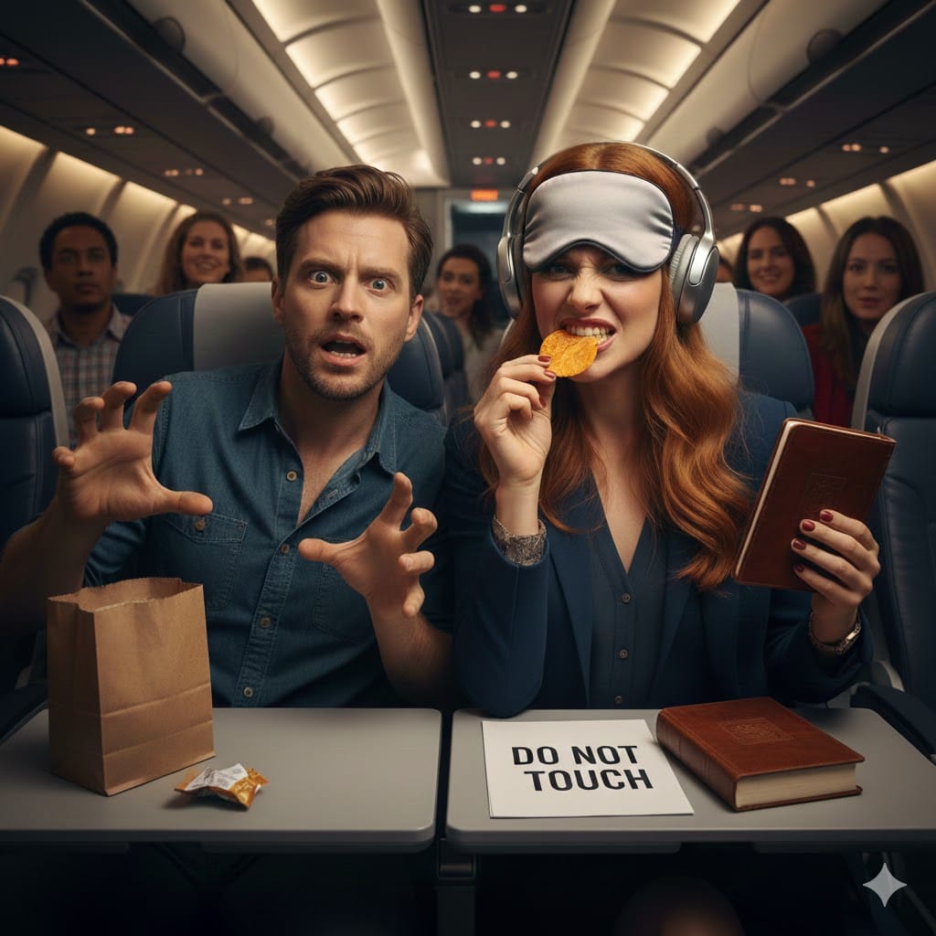 A humorous photo of a man and a woman in an airplane. The woman wears a sleep mask and headphones, fiercely holding a bag of gummy bears and a brown notebook with text. The man, looking panicked and desperate, is reaching toward the snacks. Their tray table holds nuts and small packages, and there is a piece of paper that reads "DO NOT TOUCH." The image captures a highly exaggerated 'snack war' scenario between travel partners.
